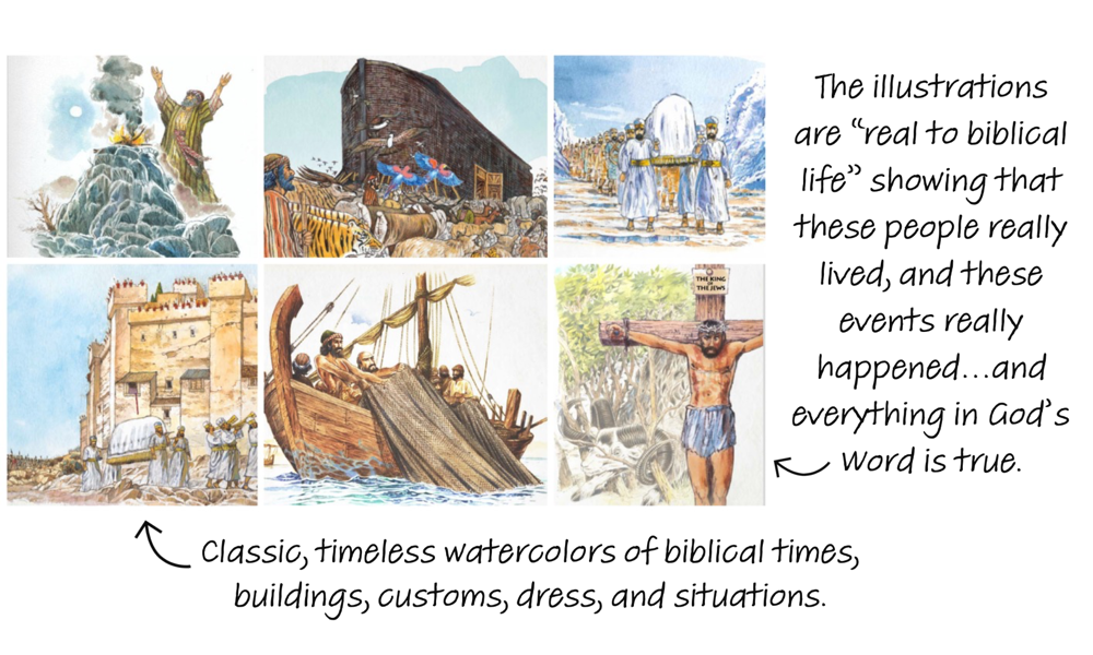 Pictures of illustrations vividly depicting moments from the Bible for children.